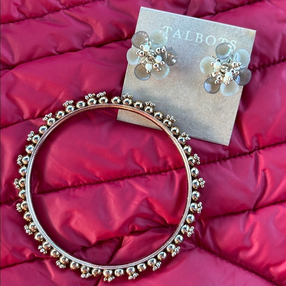 Talbots Beaded 3D Floral Post Earrings & Retro Gold Tone Metal Bangle Bracelet